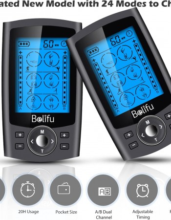Belifu Dual Channel TENS EMS Unit with 12 Pads, 24 Modes Muscle Stimulator, Electronic Pulse Massager Muscle Massager for Pain Relief Therapy, Fastening Cable Ties, Dust-Proof Drawstring Storage Bag
